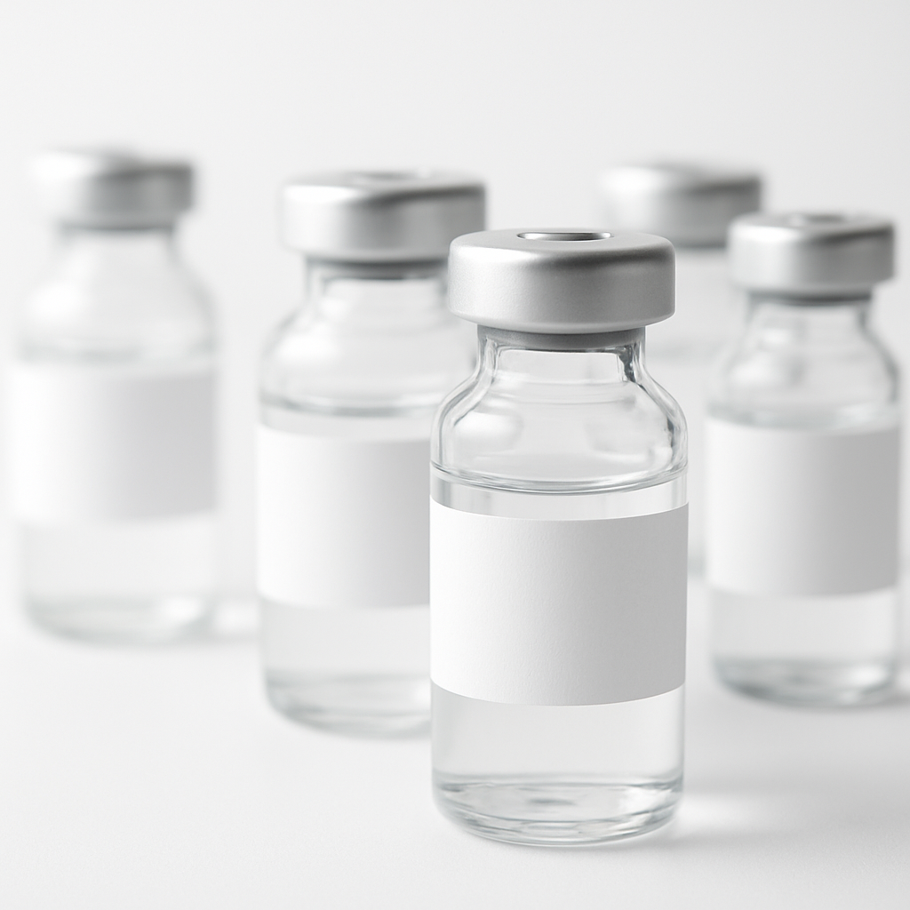 Laboratory glass vials with clear liquid arranged on a white surface